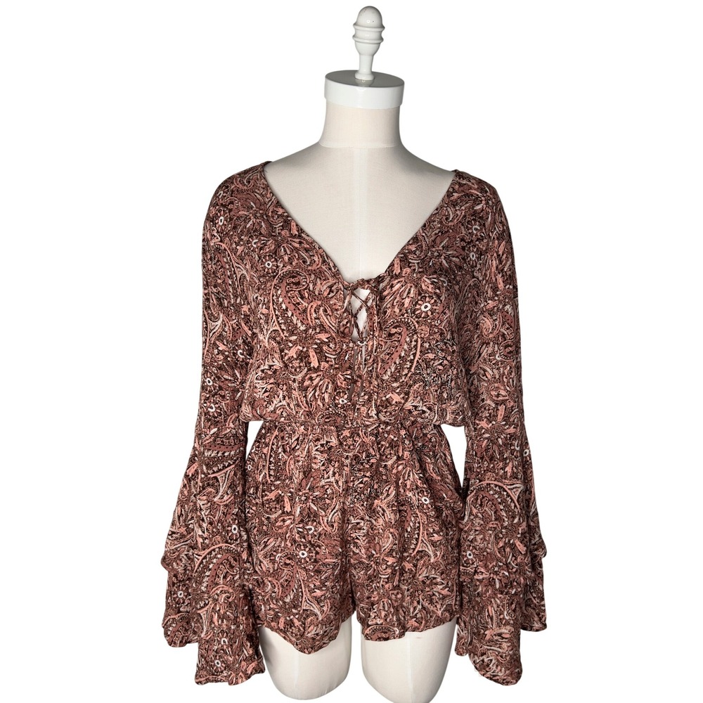 American Rag Womens Paisley Lace Up Bell Sleeve Romper Terracotta Pink Size M